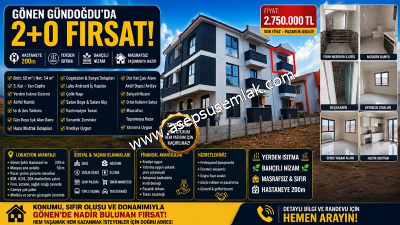 GÖNEN GÜNDOĞDU’DA 2+0 FIRSAT! HASTANEYE 200m • YERDEN ISITMA • BAHÇELİ • MASRAFSIZ