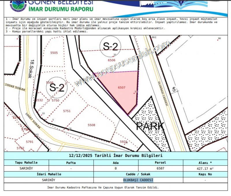 SARIKÖYDE 427 m² SATILIK MÜSTAKİL EV YAPIMINA UYGUN İMARLI ARSA