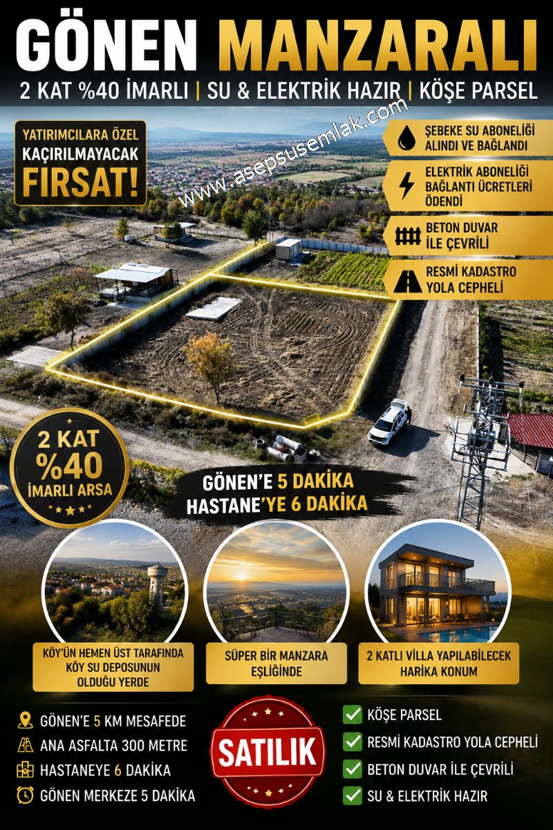 861 M2 Müstakil Köy Evi, Villa Arsa 2 Kat %40 İmarlı Gönen'e 5Km