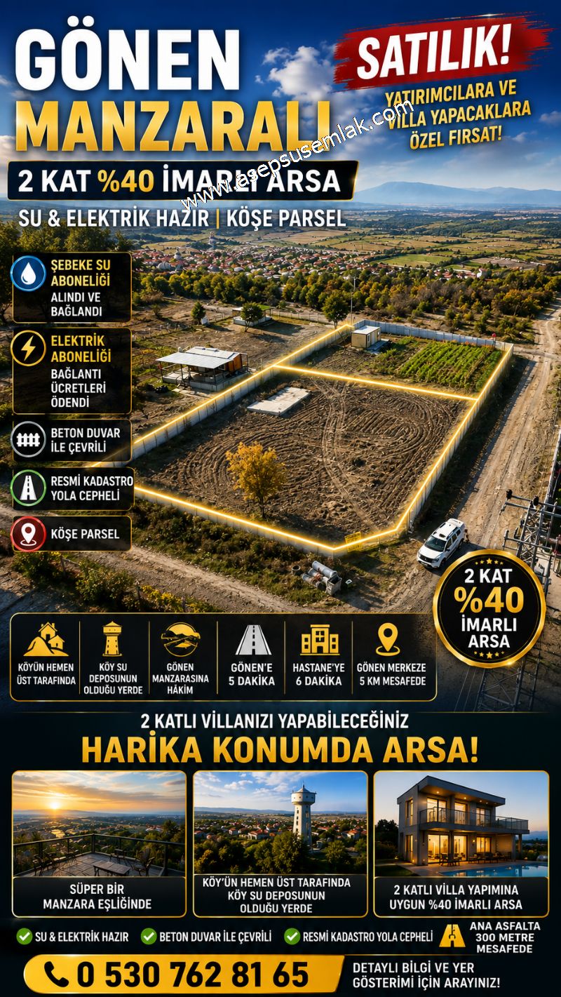861 M2 Müstakil Köy Evi, Villa Arsa 2 Kat %40 İmarlı Gönen'e 5Km