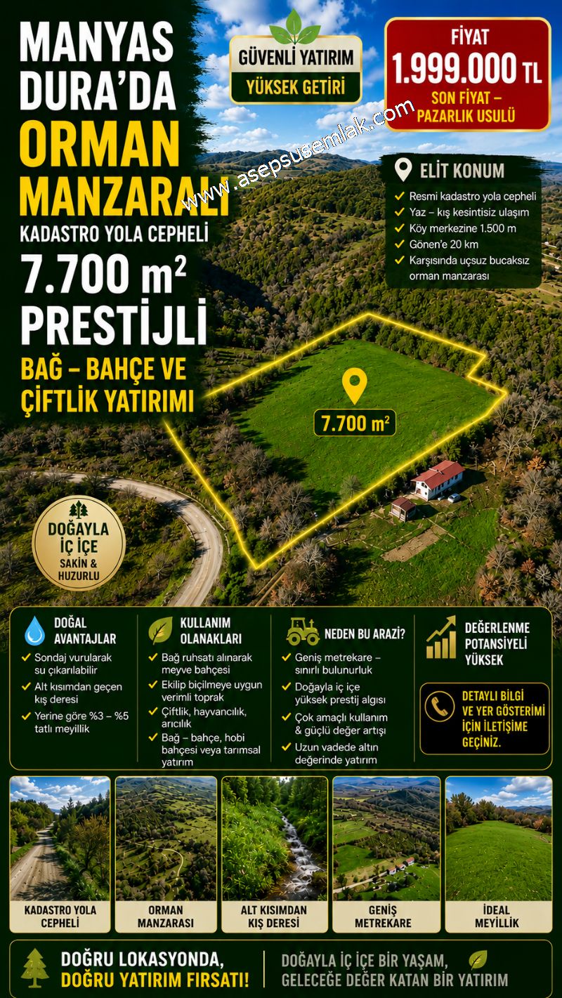 7.700 m2 Çiftlik, Bağ-Bahçe, Hobi Bahçe, Kadastro Yola Cepheli