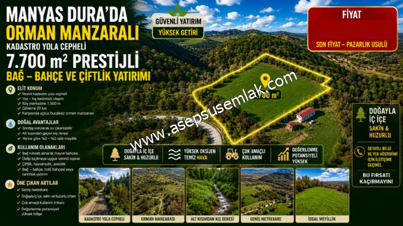7.700 m2 Çiftlik, Bağ-Bahçe, Hobi Bahçe, Kadastro Yola Cepheli