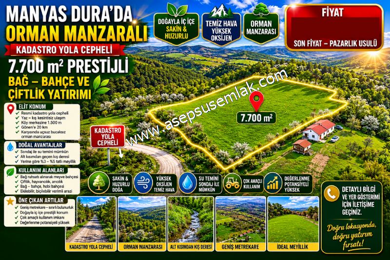 7.700 m2 Çiftlik, Bağ-Bahçe, Hobi Bahçe, Kadastro Yola Cepheli