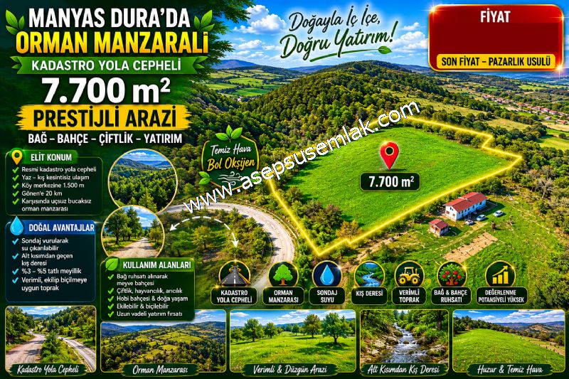 7.700 m2 Çiftlik, Bağ-Bahçe, Hobi Bahçe, Kadastro Yola Cepheli