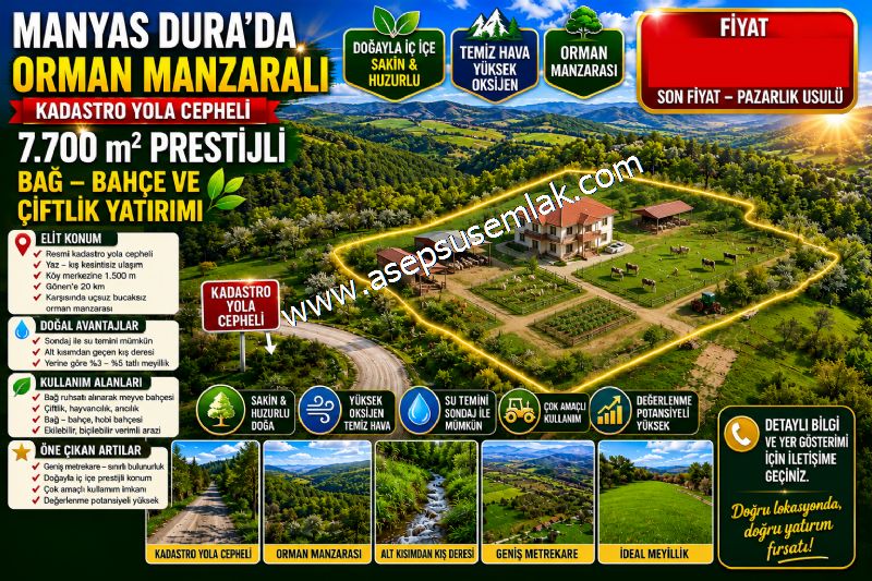 7.700 m2 Çiftlik, Bağ-Bahçe, Hobi Bahçe, Kadastro Yola Cepheli