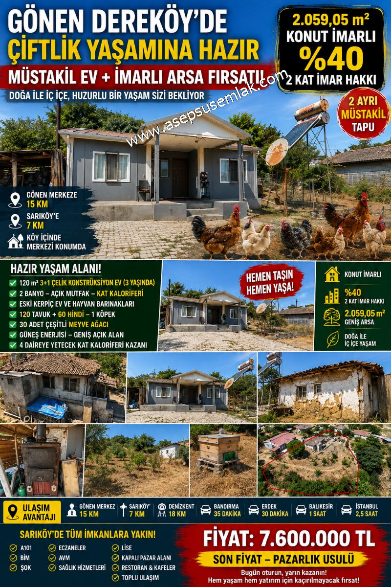 Gönen Dereköy’de 2.059 m² %40 İmarlı 3+1 Çelik Evli Müstakil Arsa