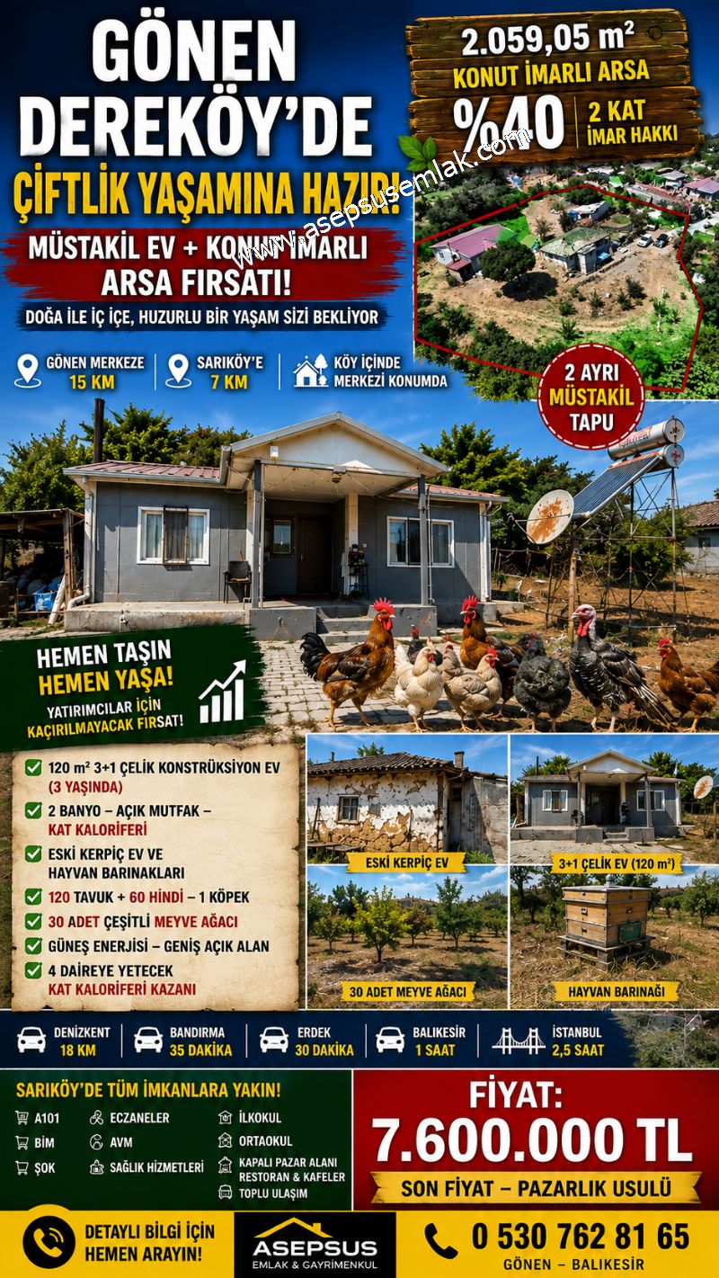 Gönen Dereköy’de 2.059 m² %40 İmarlı 3+1 Çelik Evli Müstakil Arsa