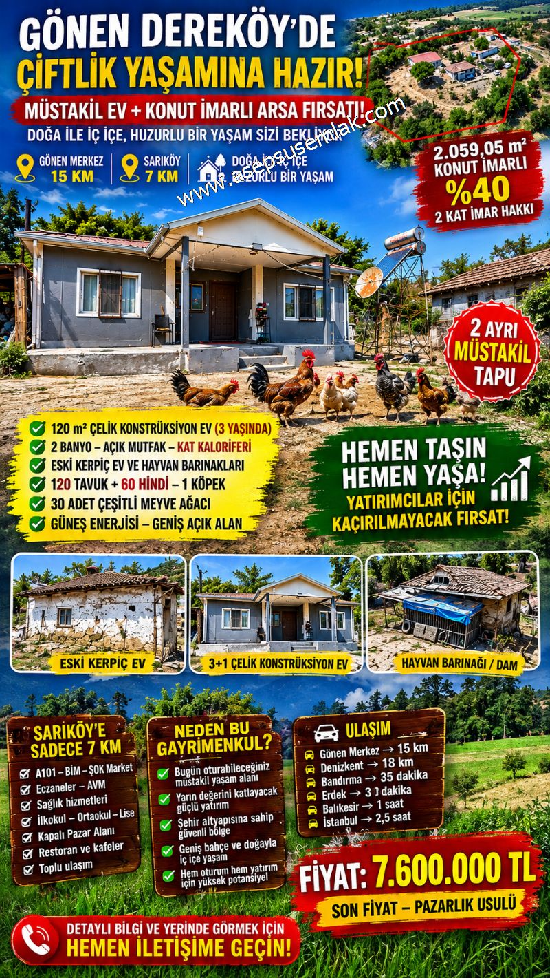 Gönen Dereköy’de 2.059 m² %40 İmarlı 3+1 Çelik Evli Müstakil Arsa
