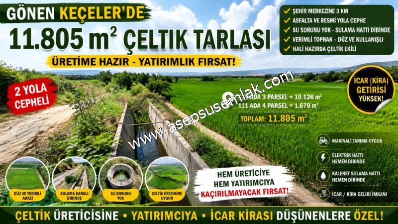 11.805 m² KEÇELER'DE ÇELTİK TARLASI SULAMA HATTI DİBİNDE YATIRIM