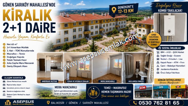 Kiralık 2+1 Daire. Gönen Sarıköy TOKİ'de, Doğalgazlı, Masrafsız