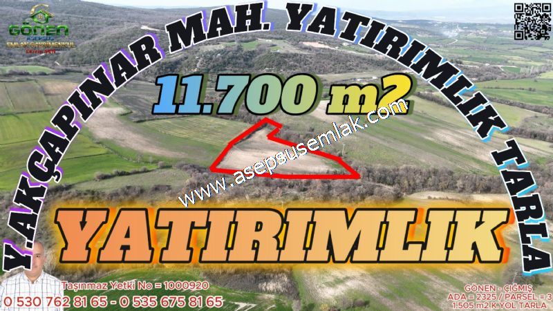 Yatırımlık 11.700 m² Tek Tapu Tarla, Köye 650 m Yatırımlık Tarla