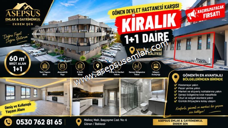 60 M² 1+1 KİRALIK DAİRE DEVLET HASTANESİ KARŞI YENİ BİNA ASANSÖR