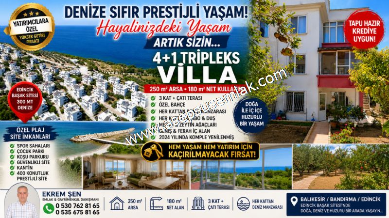 250 m2 DENİZ MANZARALI 4+1 TRİPLEKS VİLLA | ÖZEL PLAJLI SİTE | BAHÇELİ | EDİNCİK BAŞAK SİTESİ