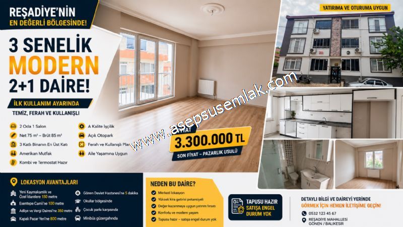 2+1 REŞADİYENİN EN DEĞERLİ BÖLGESİNDE 3 SENELİK MODERN DAİRE!