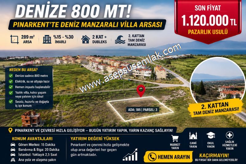 289 m² Pınarkent’te Deniz Manzaralı Villa Arsası DENİZE 800 MT!