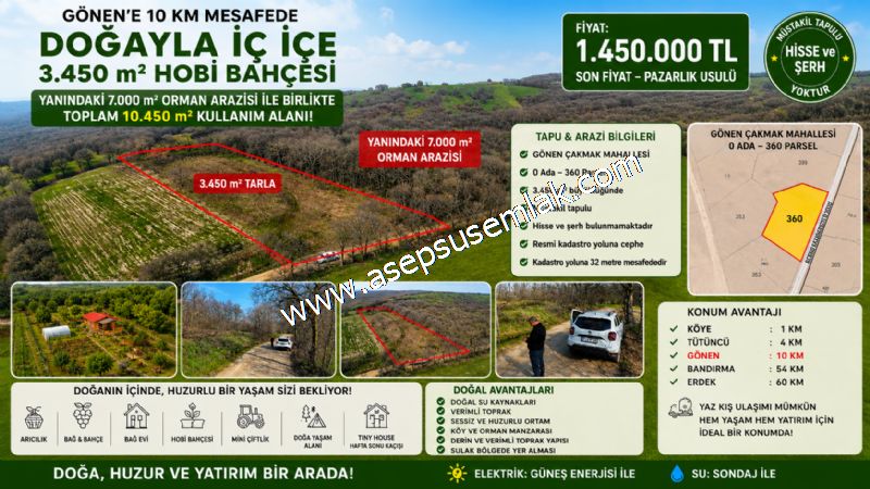 3.450 m² SATILIK TARLA HOBİ BAHÇESİ & YATIRIMLIK GÖNENE 10 KM