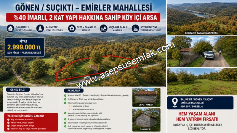 1.000 m2 Suçıktı Emirler'de %40 İmarlı Arsa Köy Evi