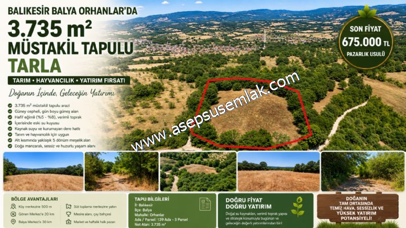 3.735 m² Müstakil Tapulu Arazi Doğa İçinde Yatırım Fırsatı Balya