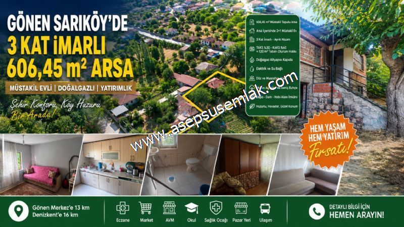 Yatırımlık Gönen Sarıköy'de 606 m² 3 Kat İmarlı Müstakil Tapulu Evli Arsa