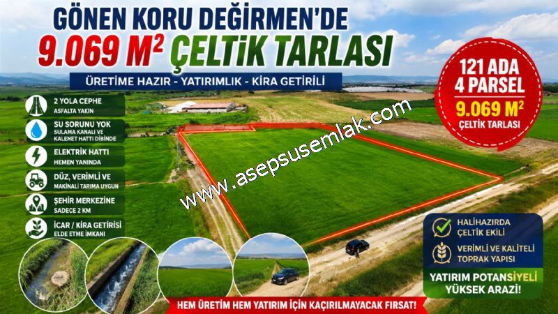 9.069 M² ÇELTİK TARLASI KORUDEĞİRMEN'DE 2 YOLA CEPHE SU SORUNSUZ YÜKSEK İCAR GETİRİLİ