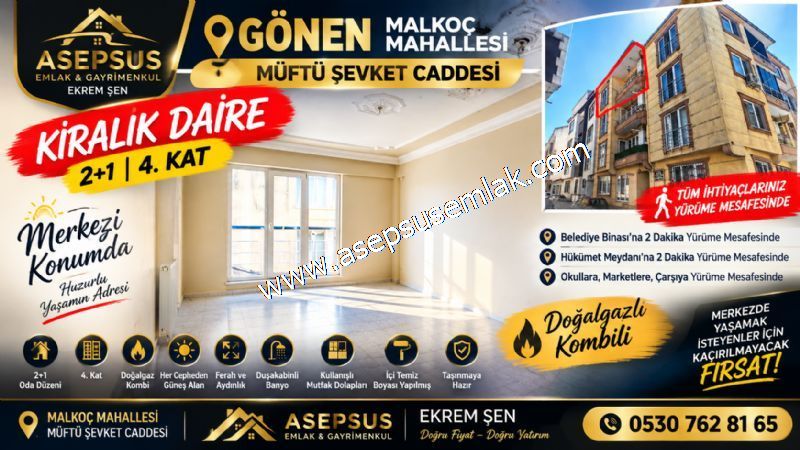 GÖNEN MALKOÇ’TA BELEDİYE ARKASI | 2+1 | 4. KAT | DOĞALGAZLI | FERAH VE MERKEZİ DAİRE