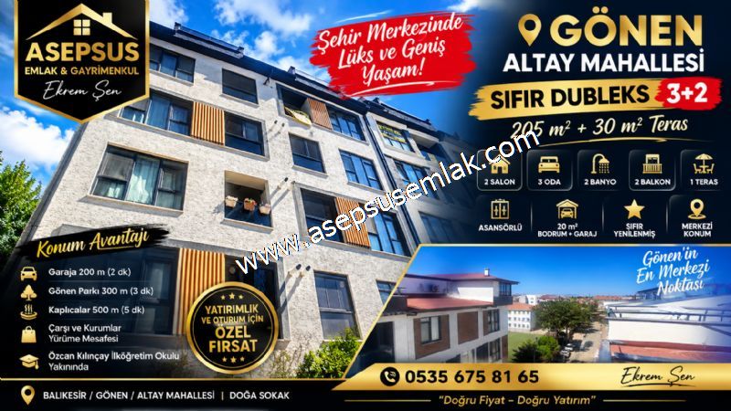 205 M² + TERAS GÖNEN ALTAY’DA ÇARŞIYA SIFIR 3+2 LÜKS SIFIR DUBLEKS