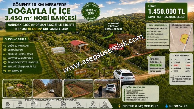 3.450 m² SATILIK TARLA HOBİ BAHÇESİ & YATIRIMLIK GÖNENE 10 KM
