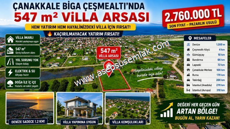547 m2 Villa Arsası Biga Çeşmealtında Denize Yakın Denize 1.2km
