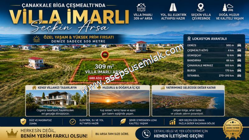 309 m2 ÇANAKKALE BİGA ÇEŞMEALTI VİLLA İMARLI SEÇKİN ARSA 500 MTR