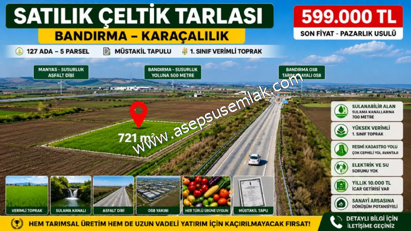 721 m2 Sulu Tarım Çeltik Tarlası, Hobi Bahçesi, Meyve, Bağ-Bahçe